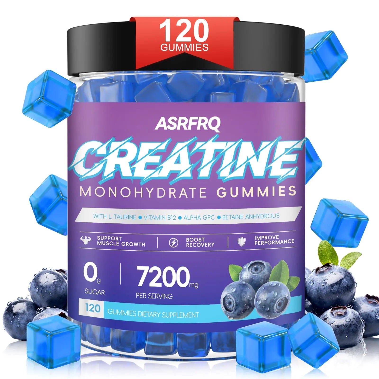 Creatine Monohydrate Gummies for Men & Women 120 CT - 7200mg of Creatine Monohydrate per Serving Chewable Creatine Monohydrate for Muscle Support & Energy Boost Sugar Free Vegan (BlueberryFlavor)