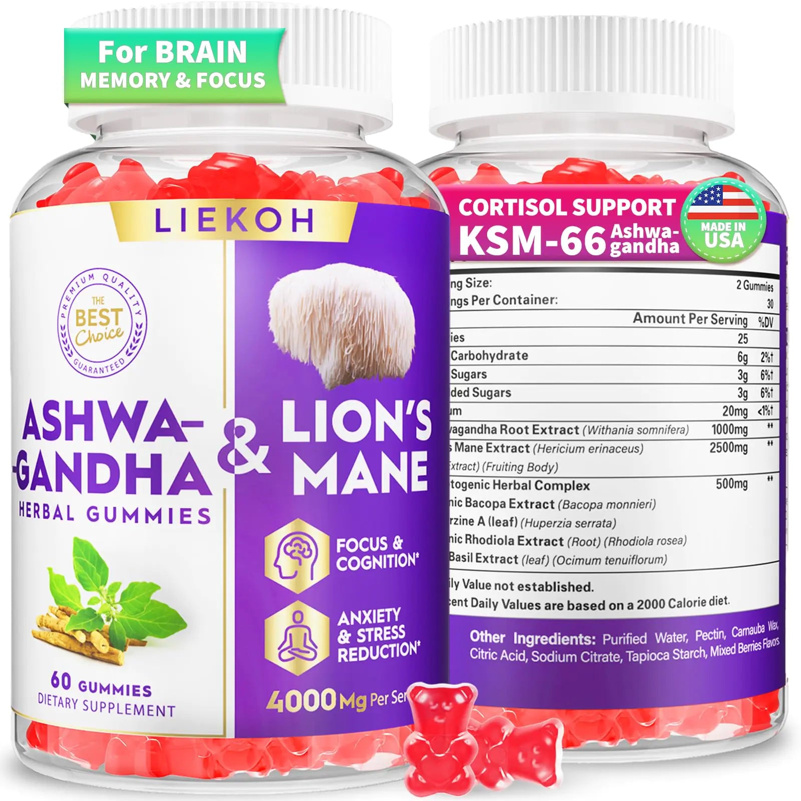Ashwagandha Gummies - Cortisol Supplements for Women & Men - Lions Mane Gummies for Adults| Cortisol Cognitive & Immune Support| 4000MG Ashwagandha Gummies Berry Flavor - 60 Organic Mushroom Gummies