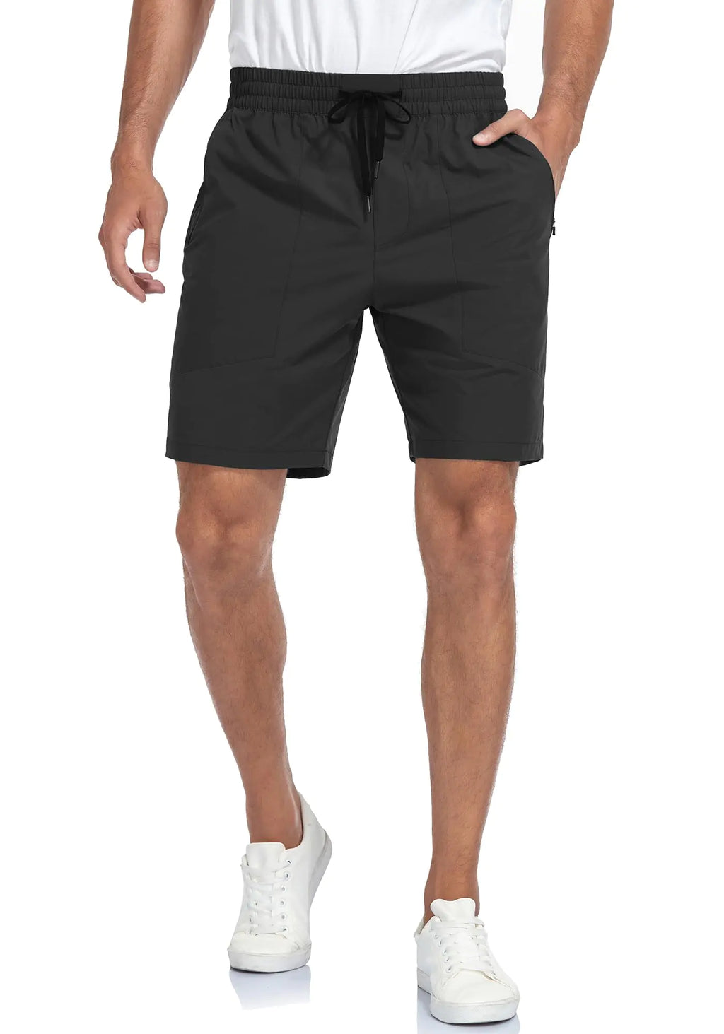 Nomolen Mens Athletic Running Shorts Quick Dry Workout Shorts 8" Lightweight Sports Gym Shorts with Zipper Pockets(Black-L)