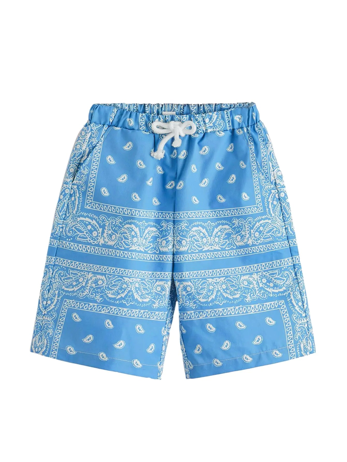 RoseSeek Mens Paisley Shorts High Elastic Waist Drawstring Summer Shorts Casual Gym Workout Bandana Shorts Light Blue XX-Large