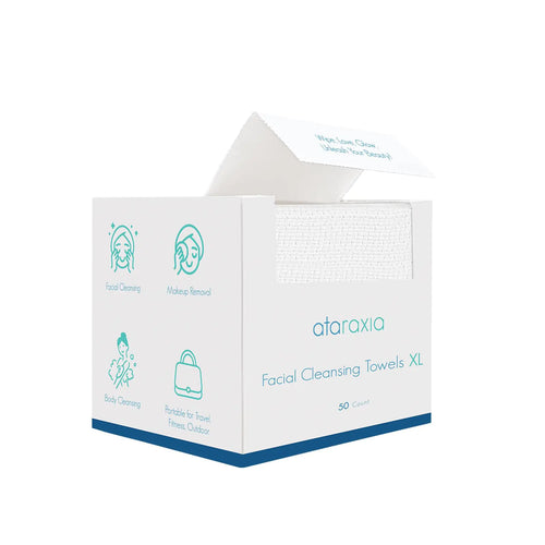 ataraxia Disposable Face Towels XL Cotton Clean Towel for Face Travel Pack of 50 10x12 Extra Thick Soft Facial Cleansing Towelettes Wipes for Drying | Washing | Skin Care | Makeup Removing
