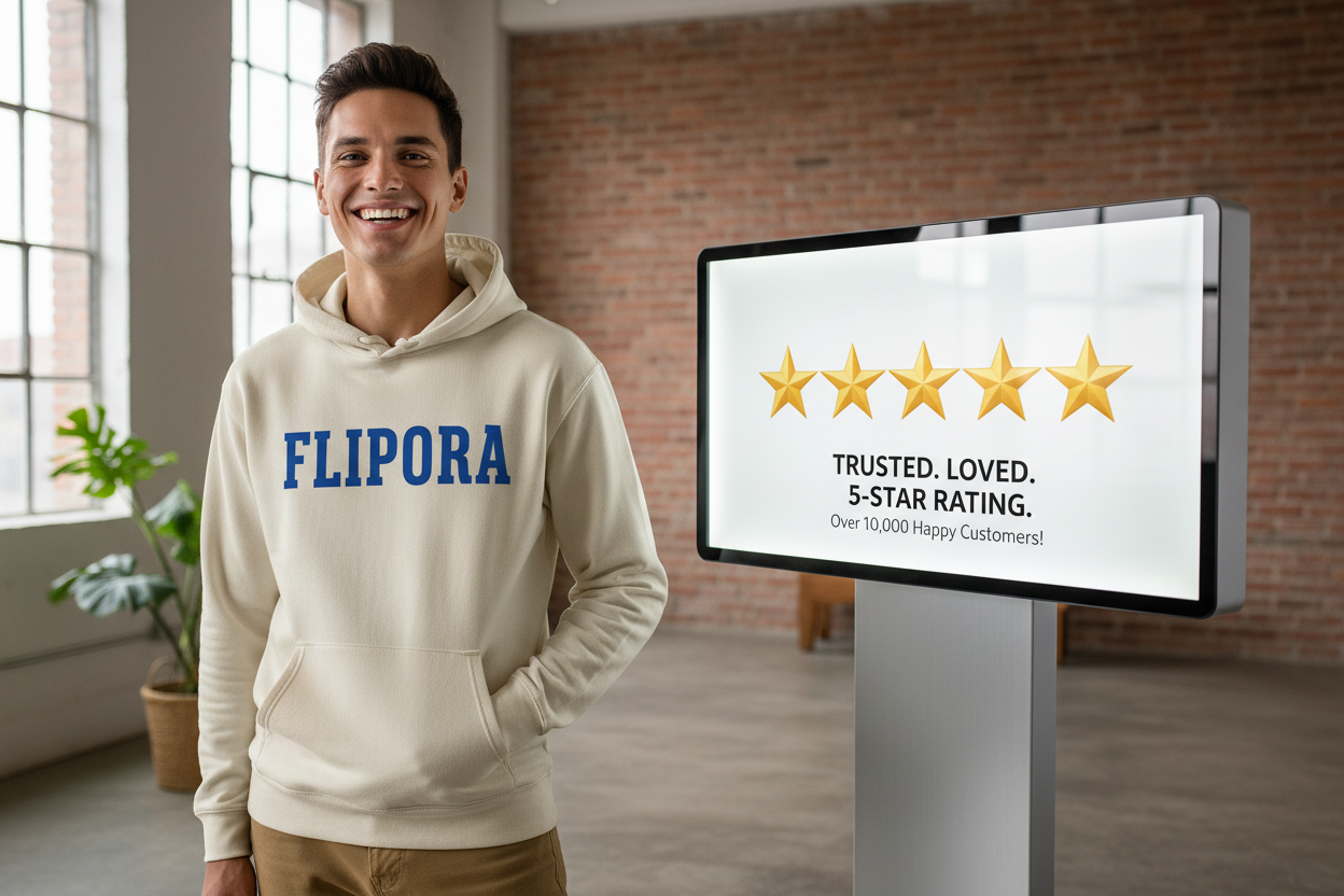 generate a image of a 5 star review and a person wearing a flipora product