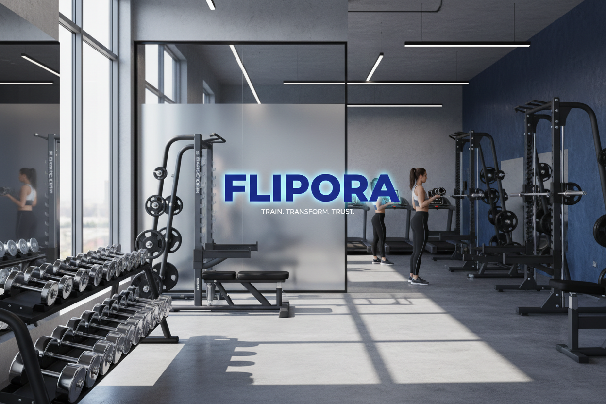 generate a trust worthy gym home page image with the title flipora