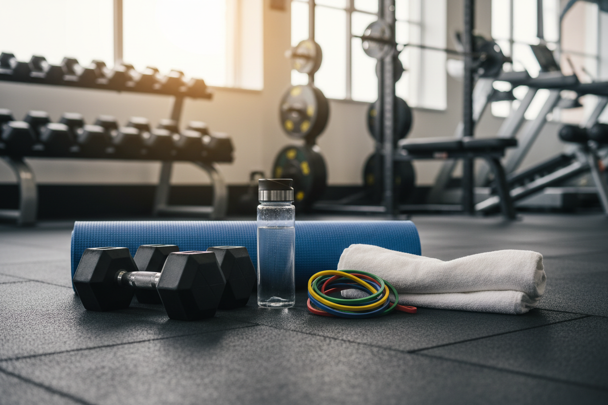 Generate a trust worthy image of gym gear on the gym floor