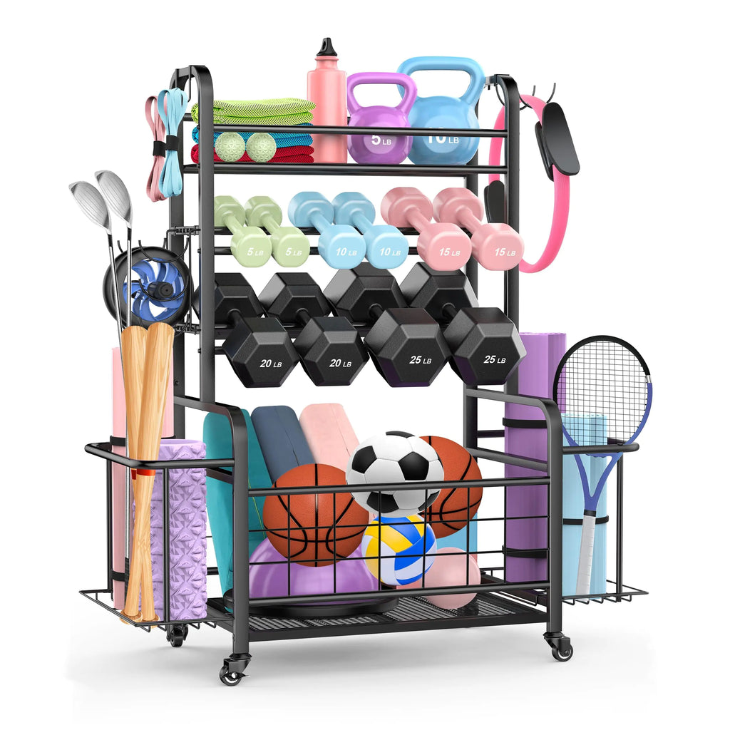 COCOBELA Dumbbell Rack 44” Weight Rack Sports Equipment Garage S Organization and Storage Yoga Mat Holder for Home Gym Weight Rack for Dumbells and Kettlebells Ball Storage Rack With Hooks and Lockable Wheels (44in)