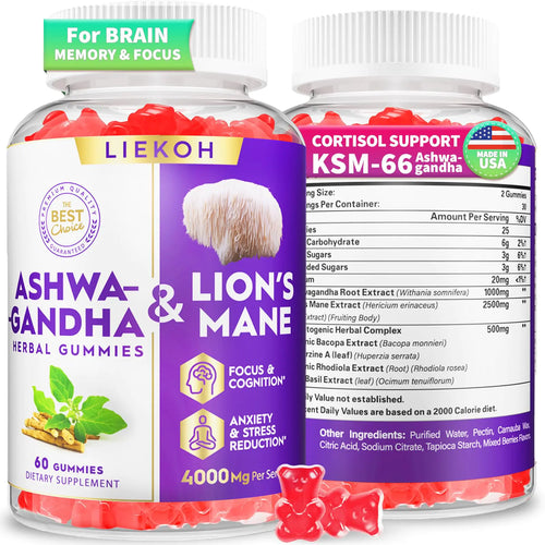 Ashwagandha Gummies - Cortisol Supplements for Women & Men - Lions Mane Gummies for Adults| Cortisol Cognitive & Immune Support| 4000MG Ashwagandha Gummies Berry Flavor - 60 Organic Mushroom Gummies